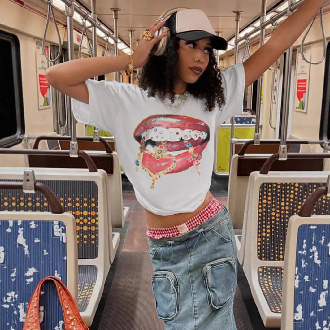 Y2K Lip Print Tee - Oversized Graphic T-Shirt | Crypto Payments
