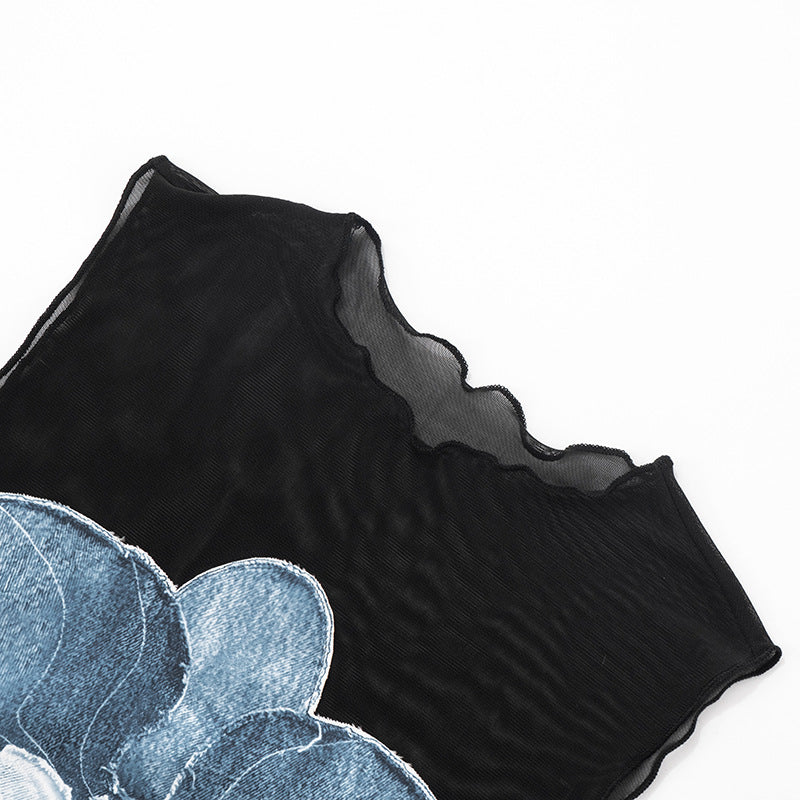 Sexy Cute Y2K Orchid Print Mesh Crop Top - Sleeveless & Sheer Tee | Worldwide Free Shipping & Crypto Payment