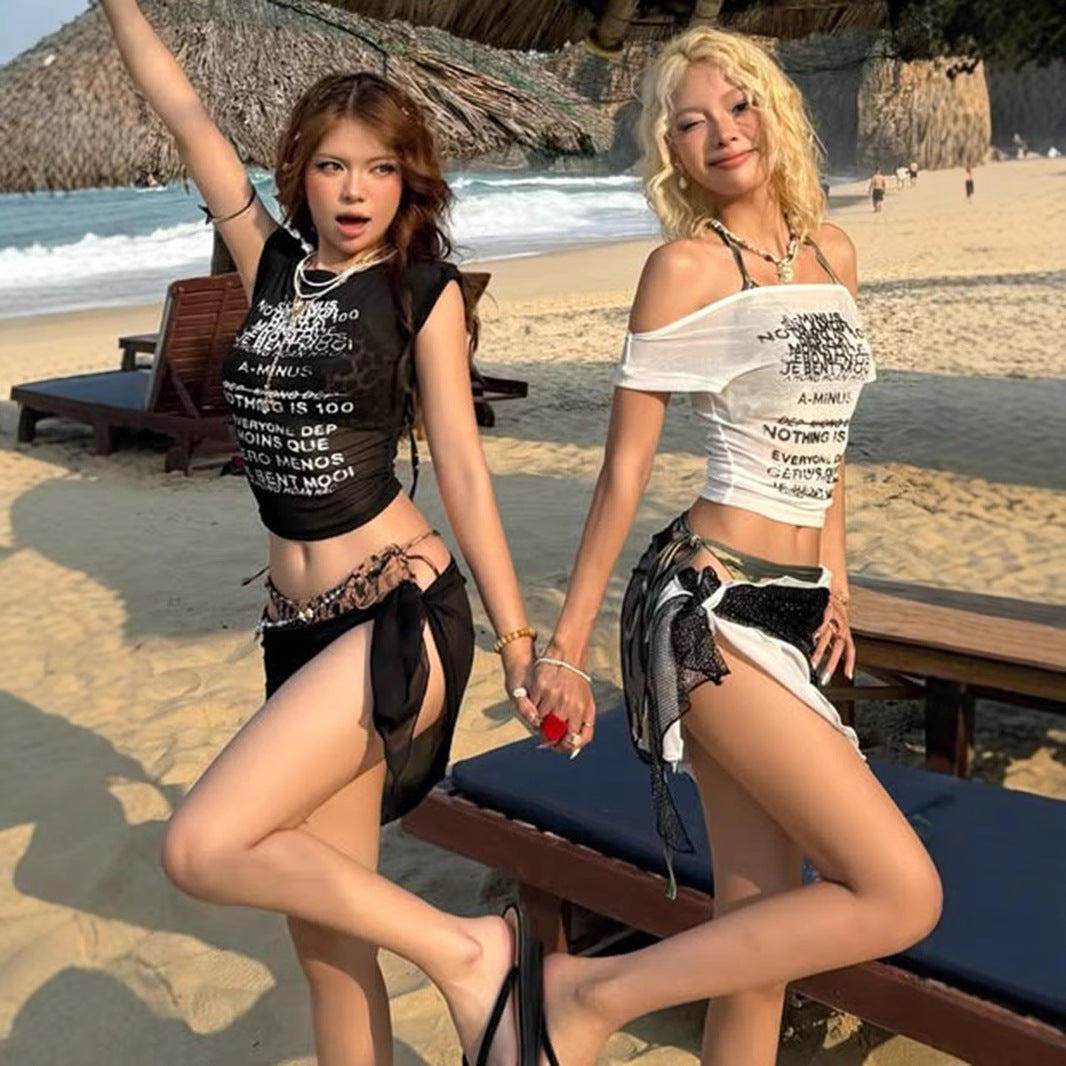 Street Style Off-Shoulder Top - Graphic Print Sheer Crop Tee | Free Shipping