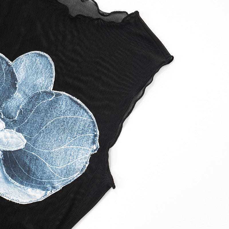 Sexy Cute Y2K Orchid Print Mesh Crop Top - Sleeveless & Sheer Tee | Worldwide Free Shipping & Crypto Payment