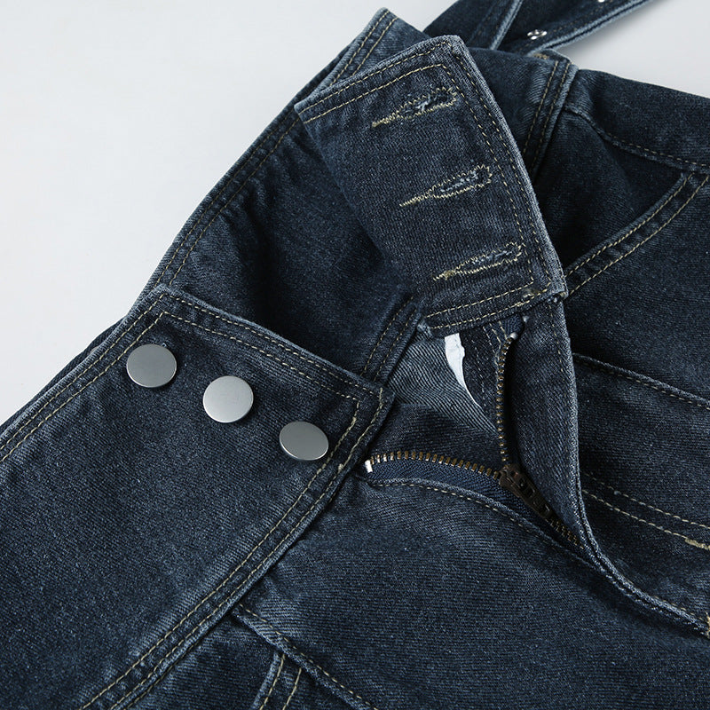 Vintage Eyelet Denim Maxi Skirt - Distressed Belted A-Line Skirt | Free Shipping|Crypto Payments