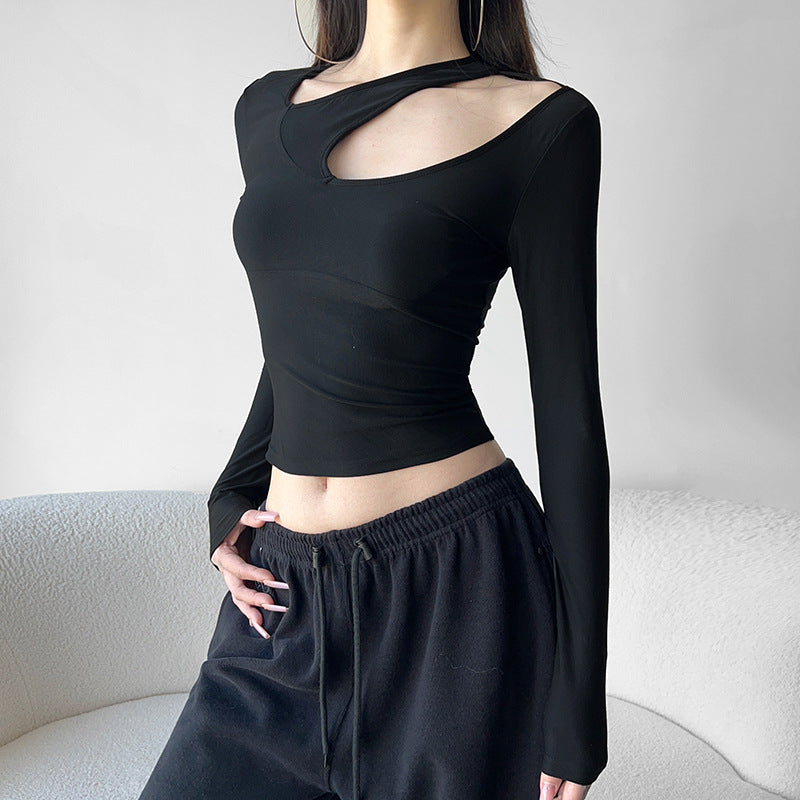 Y2K Women's Cropped Fitted Top - Edgy Cutout Long Sleeve Tee| Free Shipping|Crypto Payments