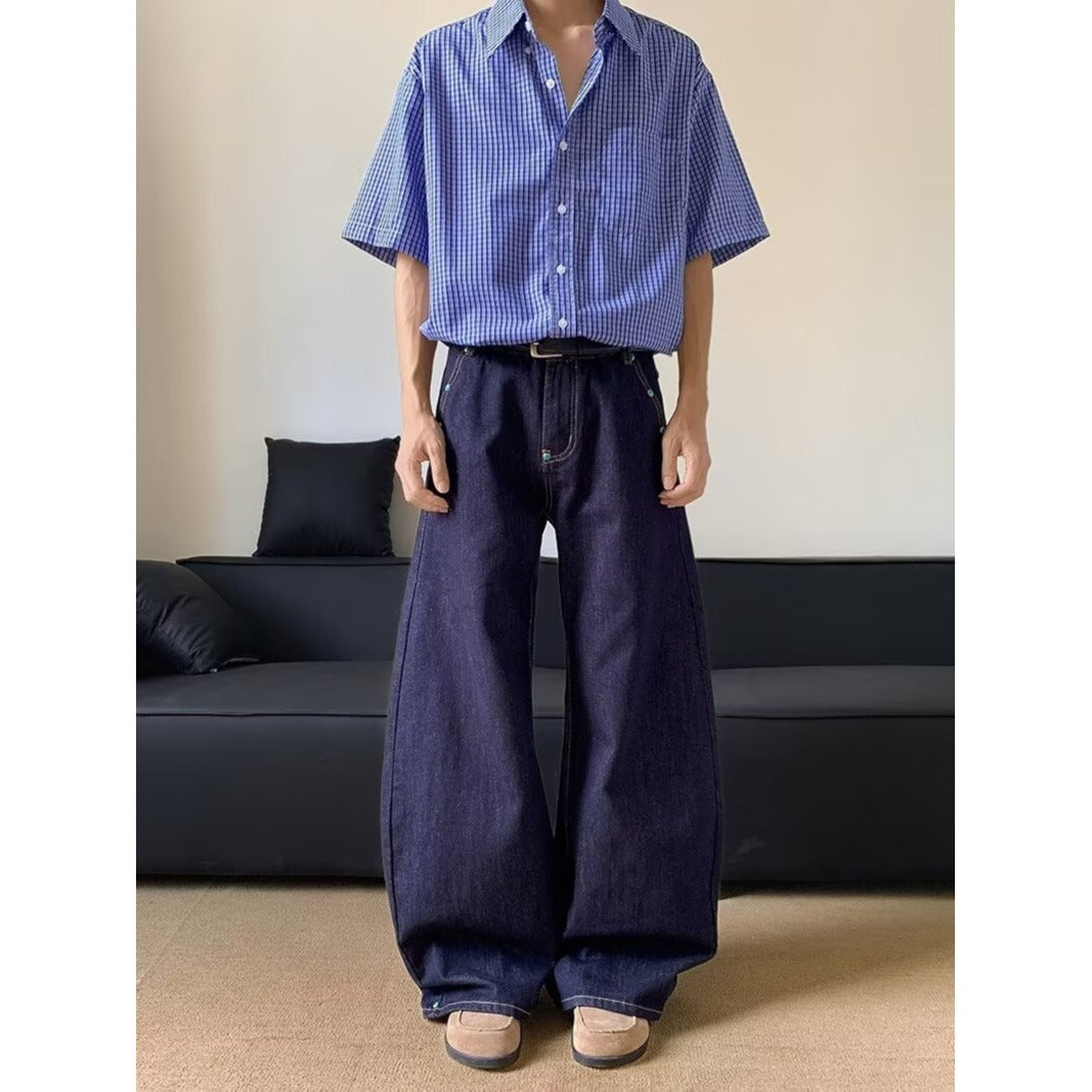 Retro Turquoise Scimitar Jeans – Unisex Clean Fit Raw Denim | Dark Blue Wide-Leg Streetwear | Free Shipping | Crypto Accepted