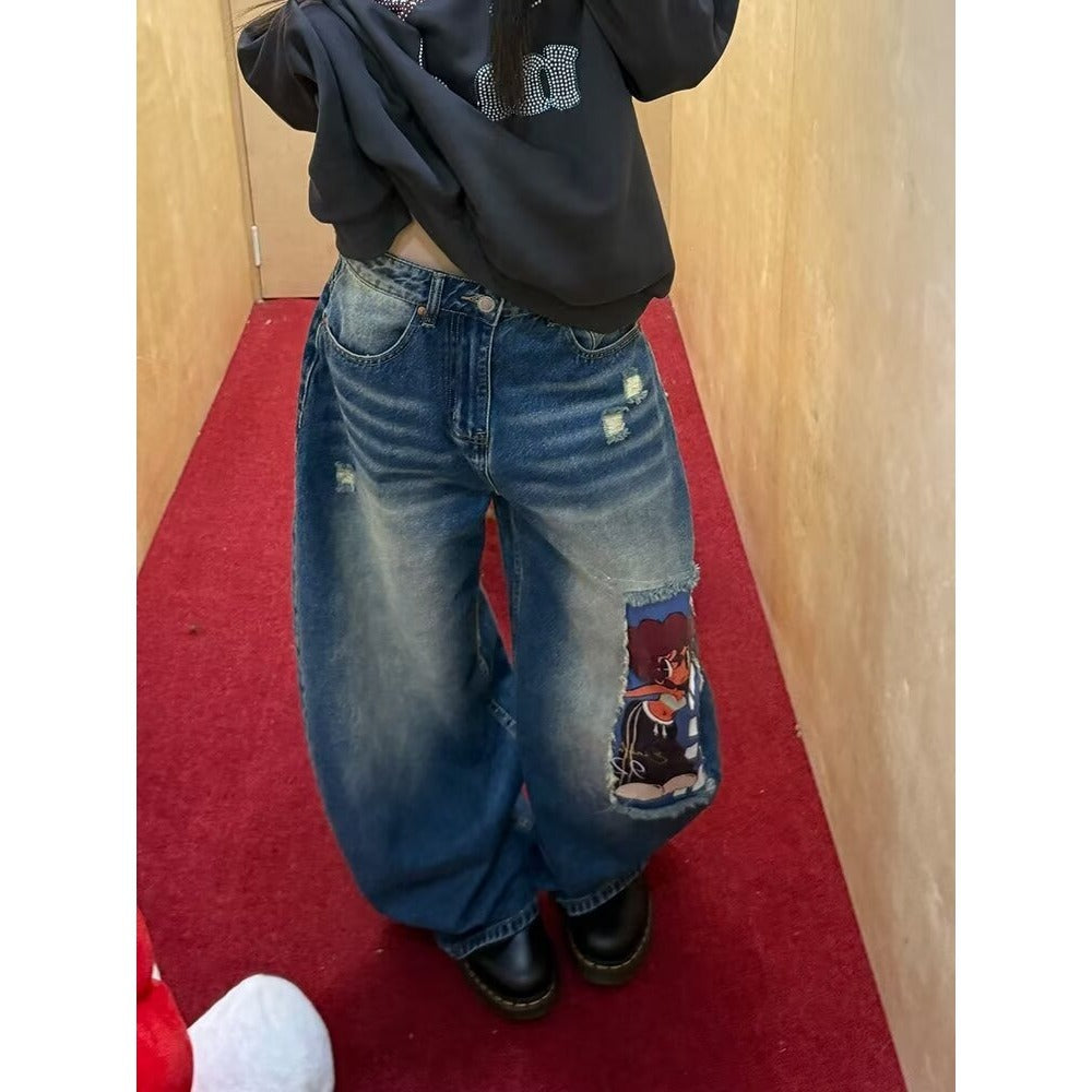 Distressed Blue High-Waisted Jeans for Women – Loose Wide-Leg Straight Pants | Thin & Breathable | Free Shipping | Crypto Accepted