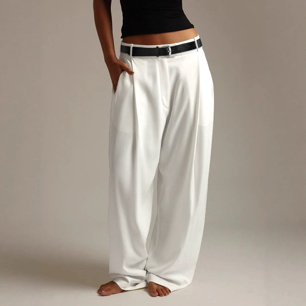 Pleated Wide-Leg Pants - Office Chic Trousers with PU Belt | Crypto Payments