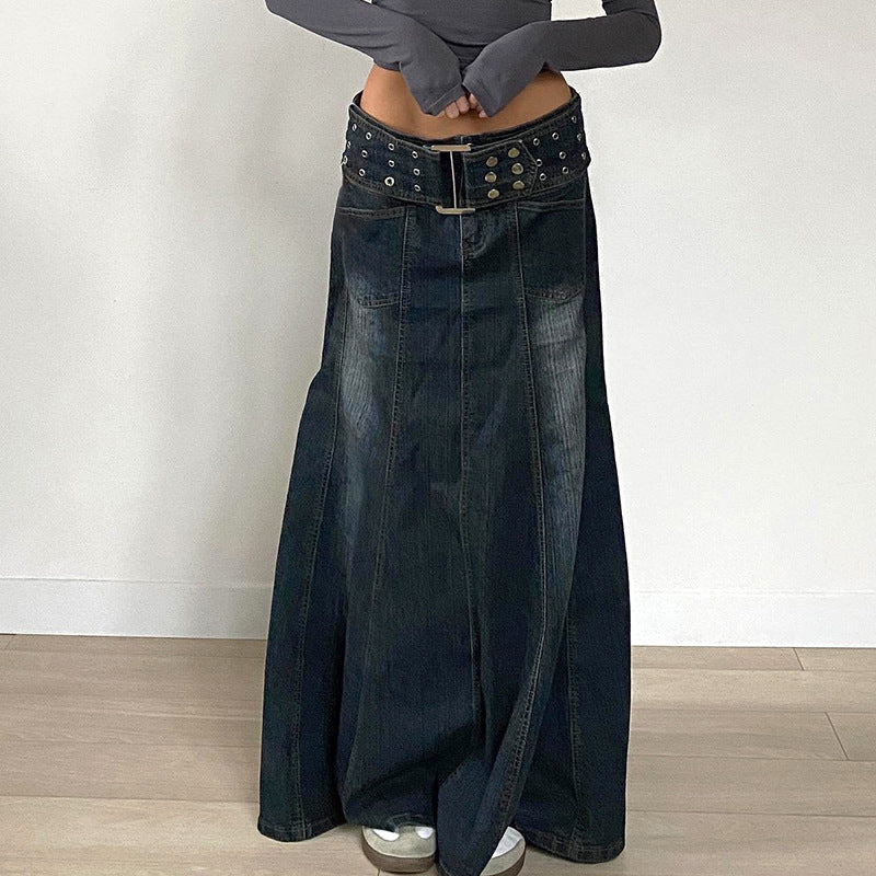 Vintage Eyelet Denim Maxi Skirt - Distressed Belted A-Line Skirt | Free Shipping|Crypto Payments
