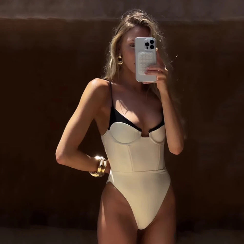 Black & White Push-Up One-Piece Swimsuit – Sexy Underwire Swimwear | Free Shipping | Crypto Pay