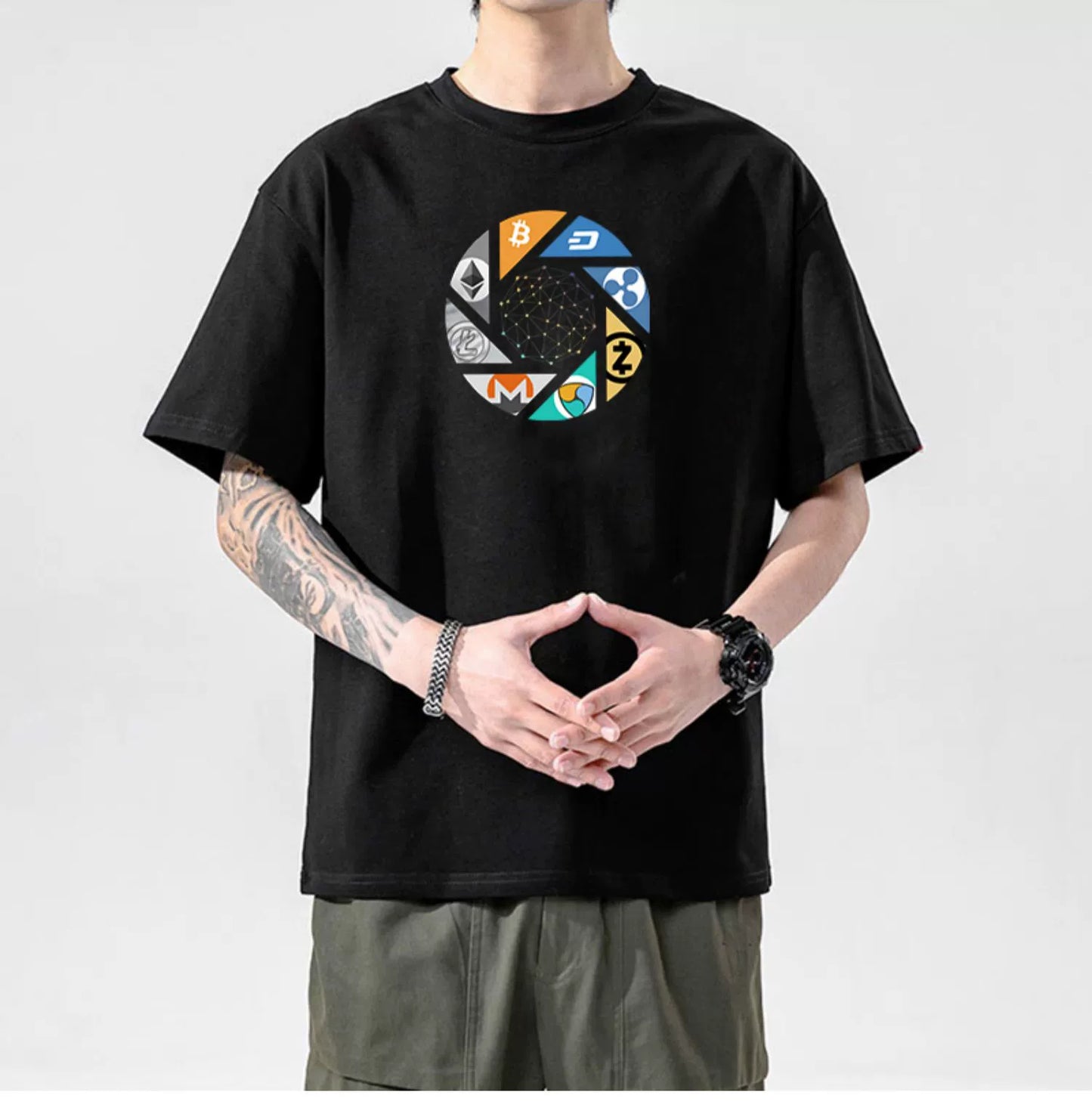 Men’s Crypto T-Shirt | 100% Cotton Blockchain Tee with Bitcoin, Ethereum, Dogecoin Prints | XS–2XL | Free Global Shipping