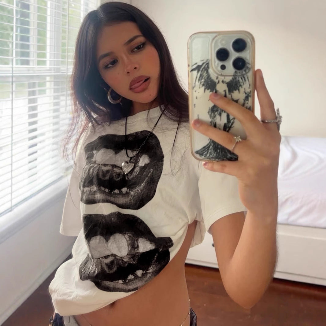 Lips Print Street Tee - Off-Shoulder Oversized Shirt | Free Shipping|Crypto Payments