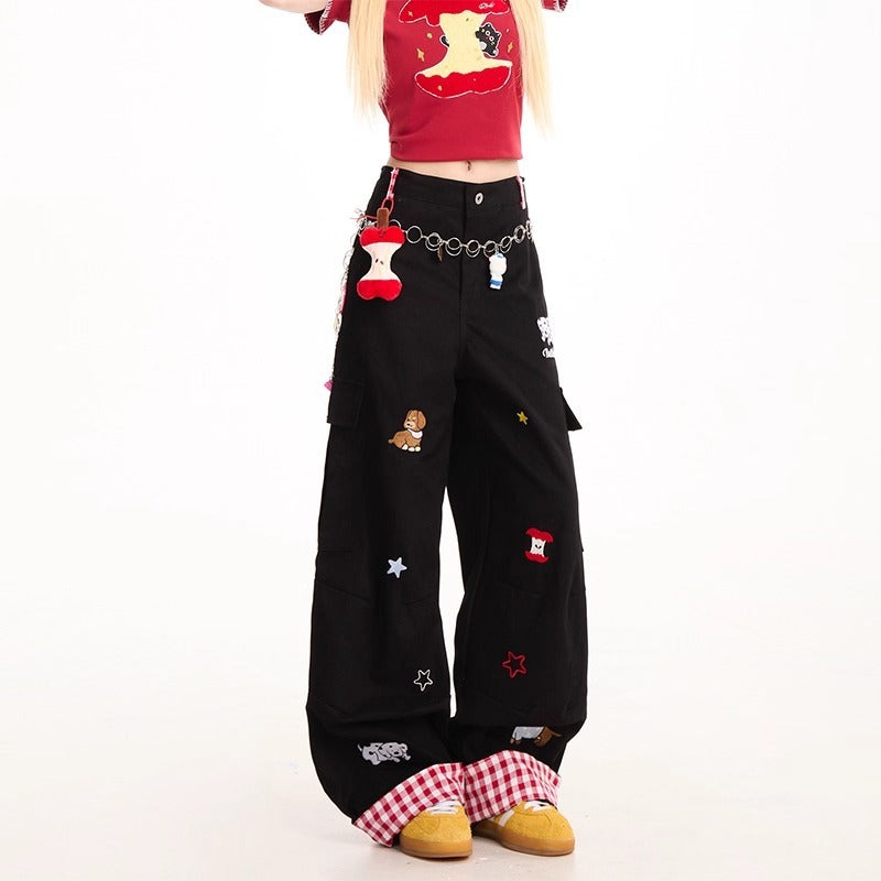 Dog Embroidery Wide-Leg Cargo Jeans – Women’s Vintage Streetwear | Loose Slimming Fit | Free Shipping | Crypto Accepted