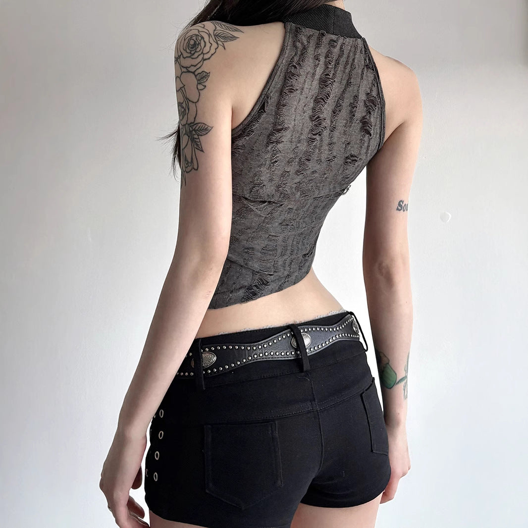 Cropped com gola alta e efeito desgastado - Camisa feminina com barriga rasgada e estampa grunge streetwear 2025 | Frete grátis