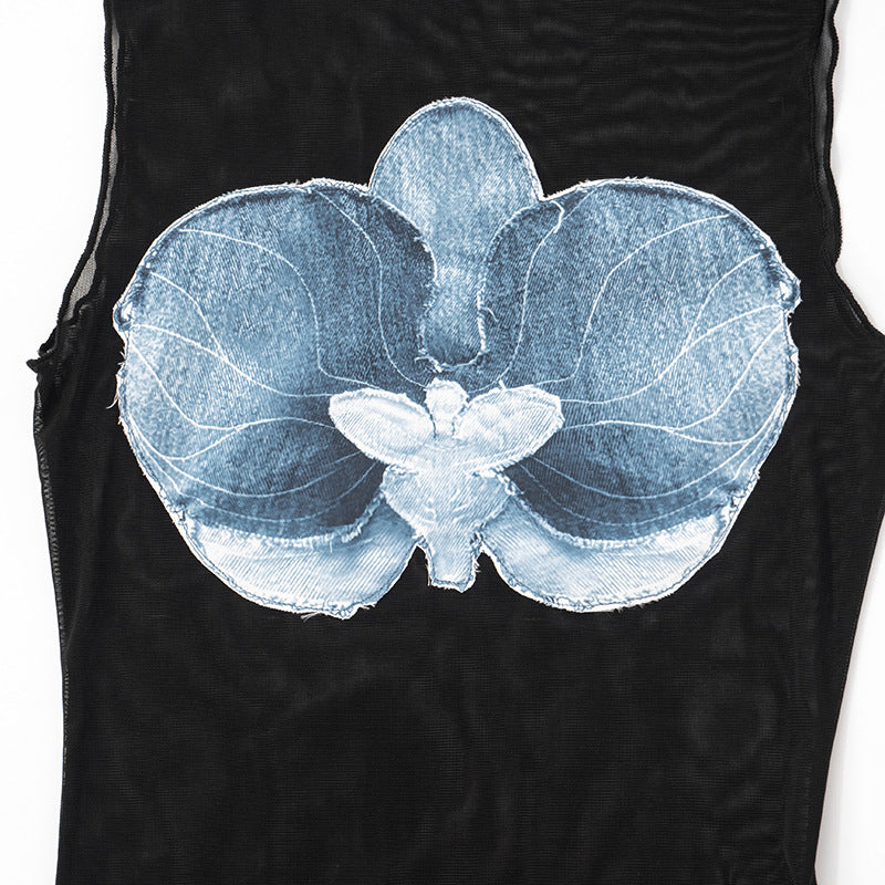 Sexy Cute Y2K Orchid Print Mesh Crop Top - Sleeveless & Sheer Tee | Worldwide Free Shipping & Crypto Payment