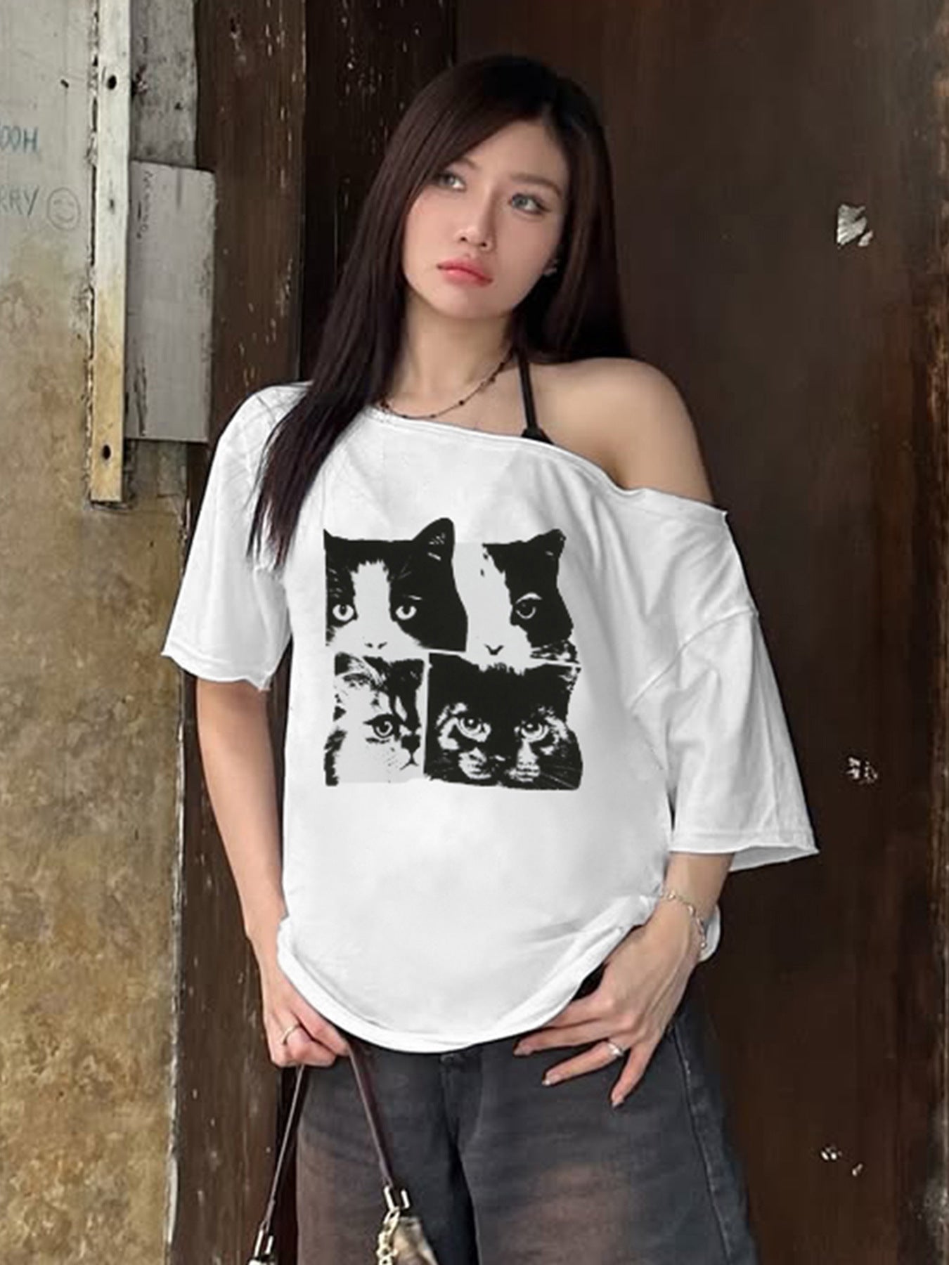 Y2K Cat T-Shirt - Wide Neck Casual Top |Free Shipping |Crypto Payments