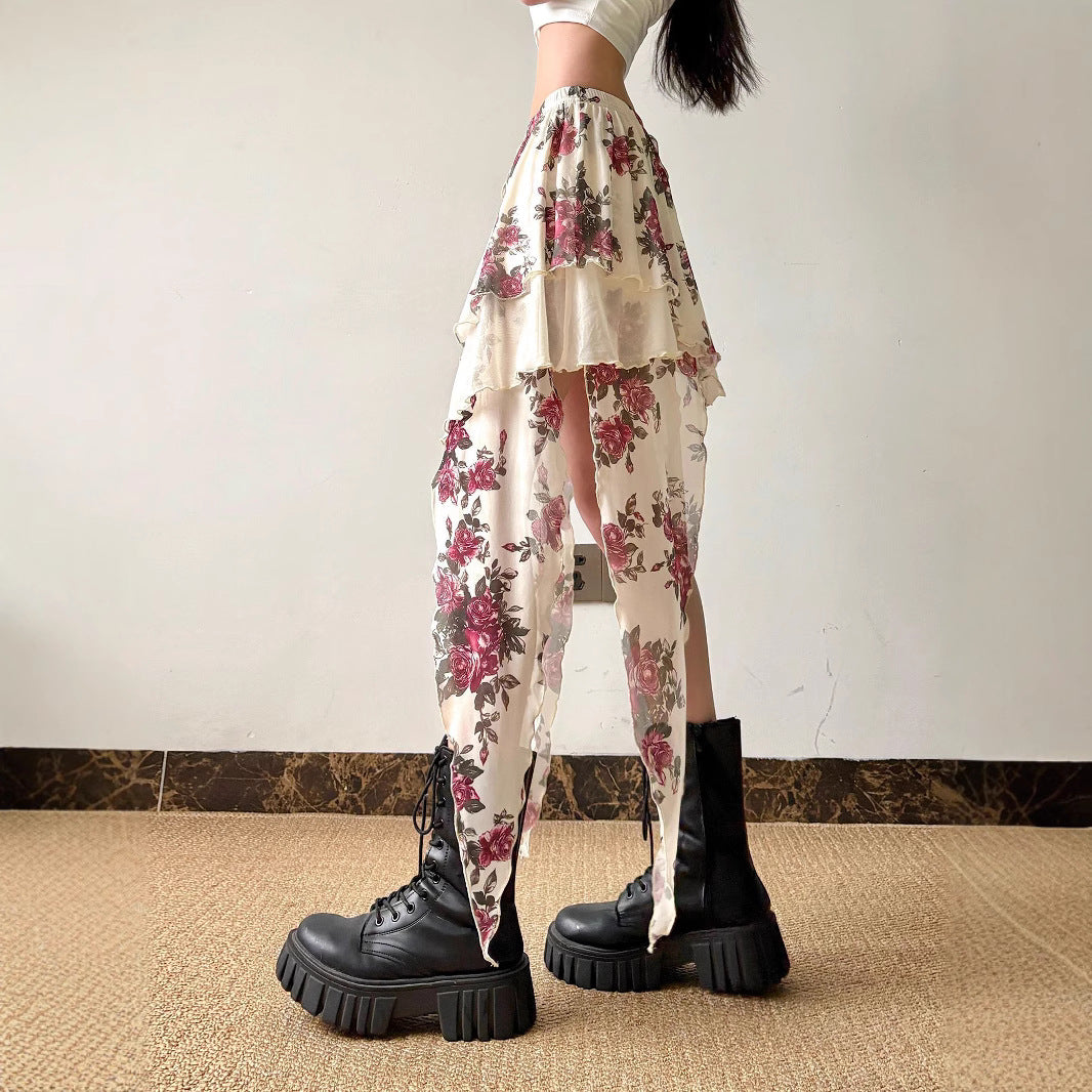 Y2K Mesh Midi Skirt - Vintage Floral Asymmetrical Design Crypto Payments