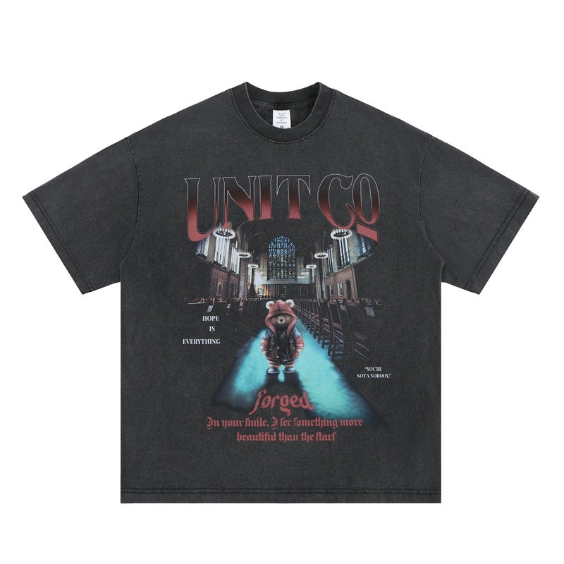Stage Bear Print Tee - Heavyweight Vintage Washed Cotton Streetwear Top