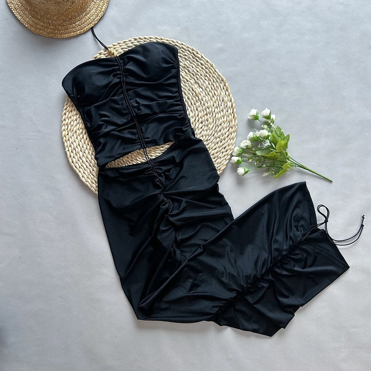 Sexy Solid Color Bikini Swimsuit with Beach Long Skirt - Free Global Shipping & Crypto Pay.