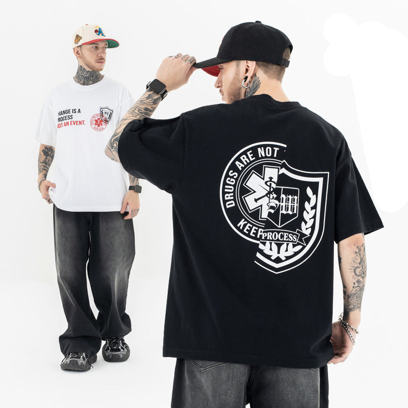 Badge Letter Print Streetwear Tee | Men’s Loose Fit T-Shirt | Black & White | Free Shipping | Crypto Payment