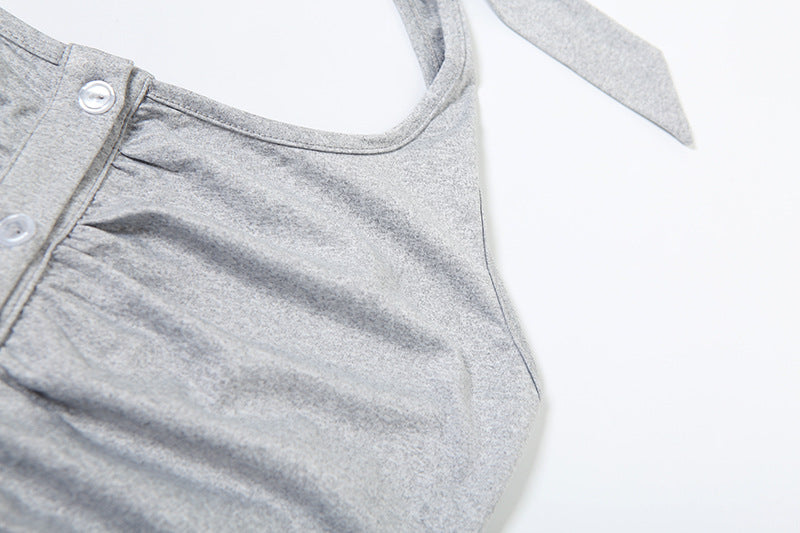 Gray Ruched Halter Crop Top & Shorts Set – Sexy Two-Piece Outfit | Free Shipping | Crypto Pay