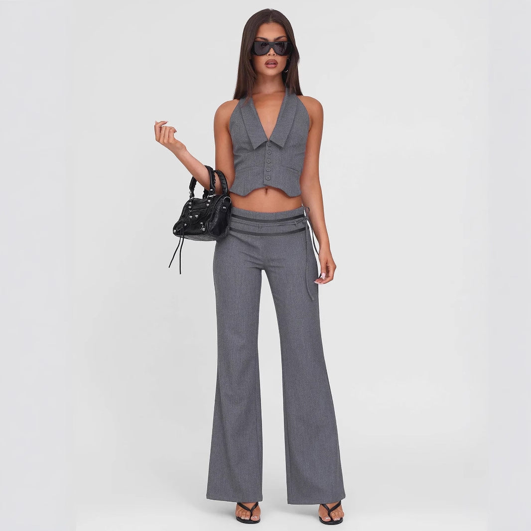 Y2K Office Outfit - Backless Vest & Low-Rise Leather Pants Set| Free Shipping| Crypto Payments