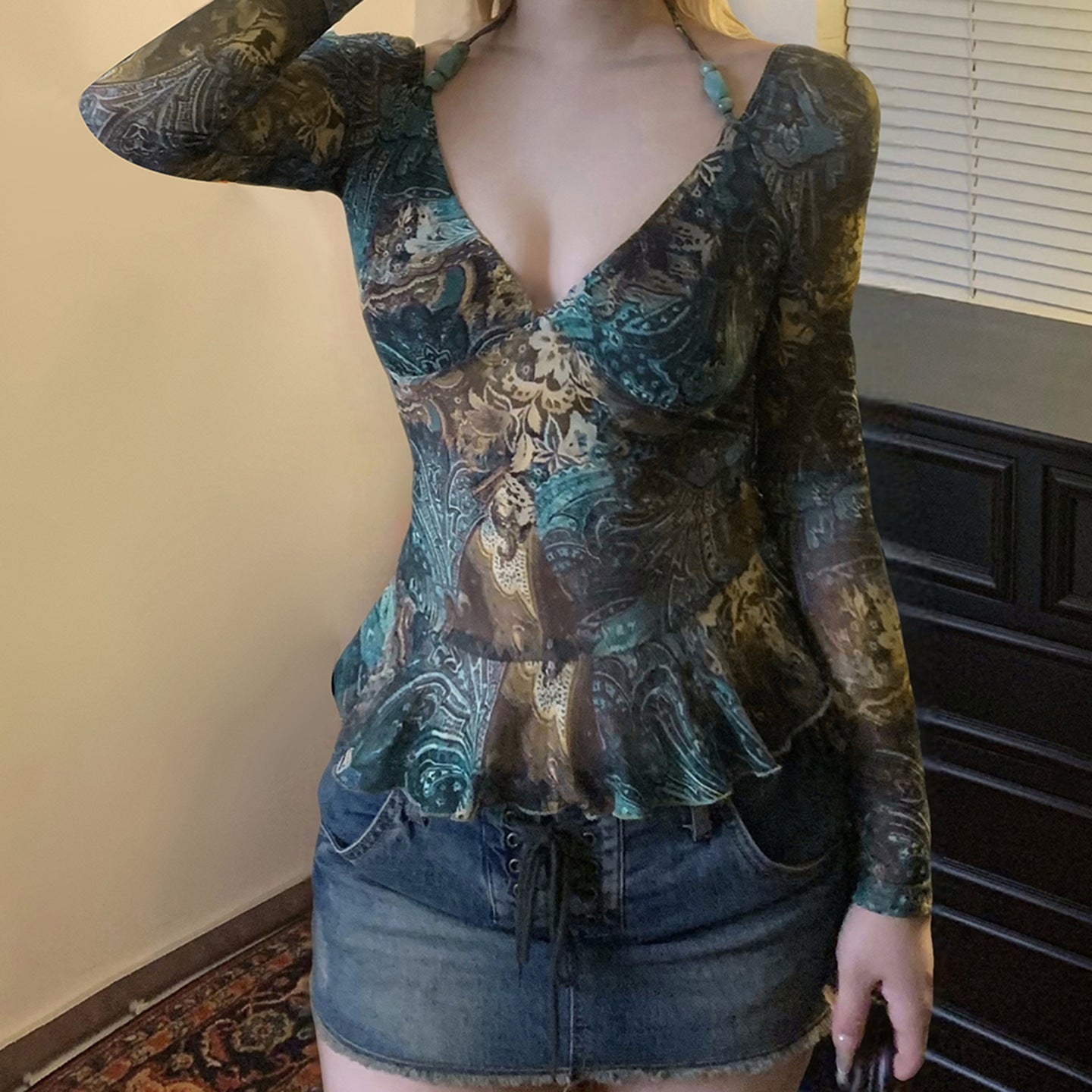 Vintage V-Neck Blouse - Flounce Hem Tie-Front Top| Crypto Payments