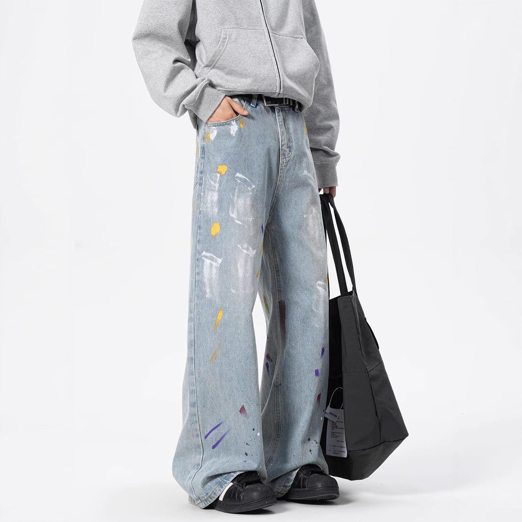 Men’s Graffiti Paint-Splatter Straight Jeans – Retro Streetwear Style | Free Global Shipping