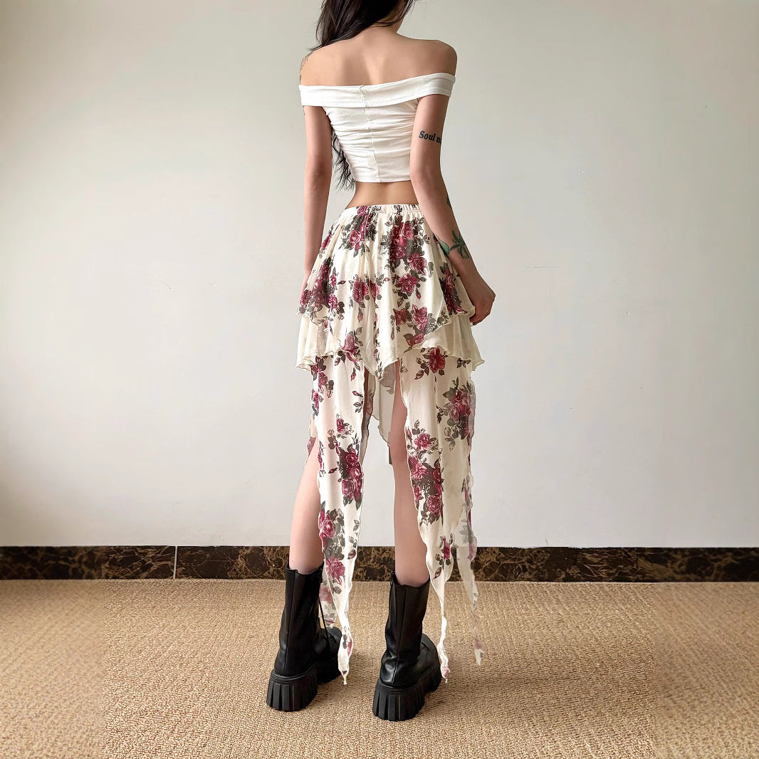 Y2K Mesh Midi Skirt - Vintage Floral Asymmetrical Design Crypto Payments