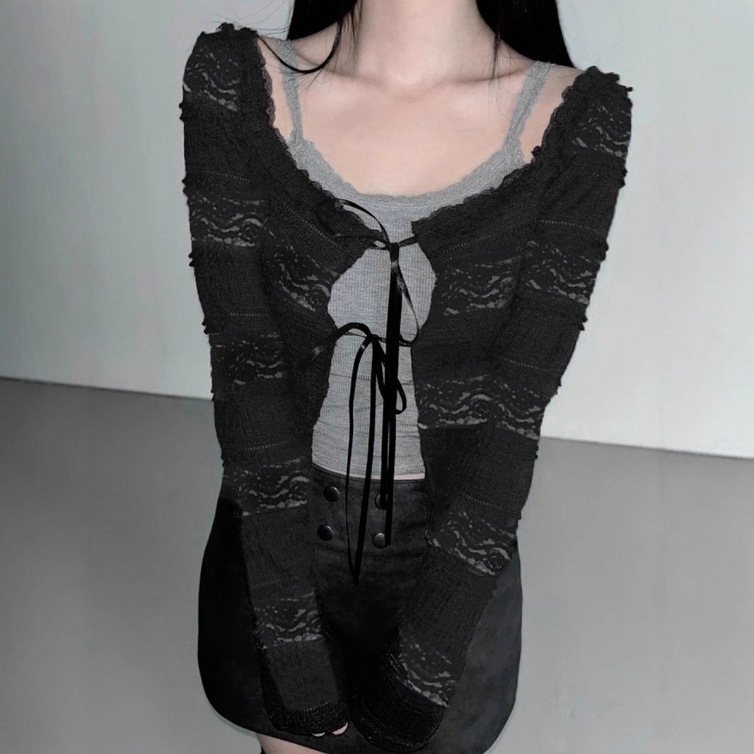 Y2K Sheer Mesh Cover-Up - Sweet & Sexy Tie-Front Long Sleeve Top | Free Shipping"