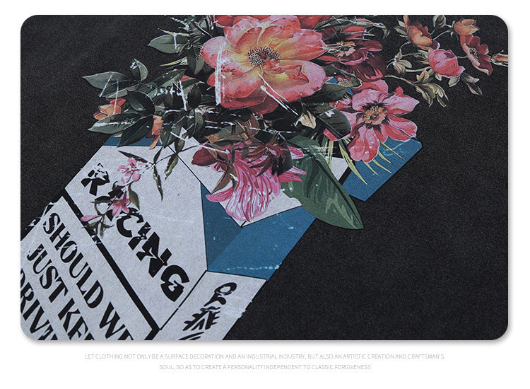 Vintage Floral Letter Graphic Tee - Distressed Oversized Streetwear T-Shirt