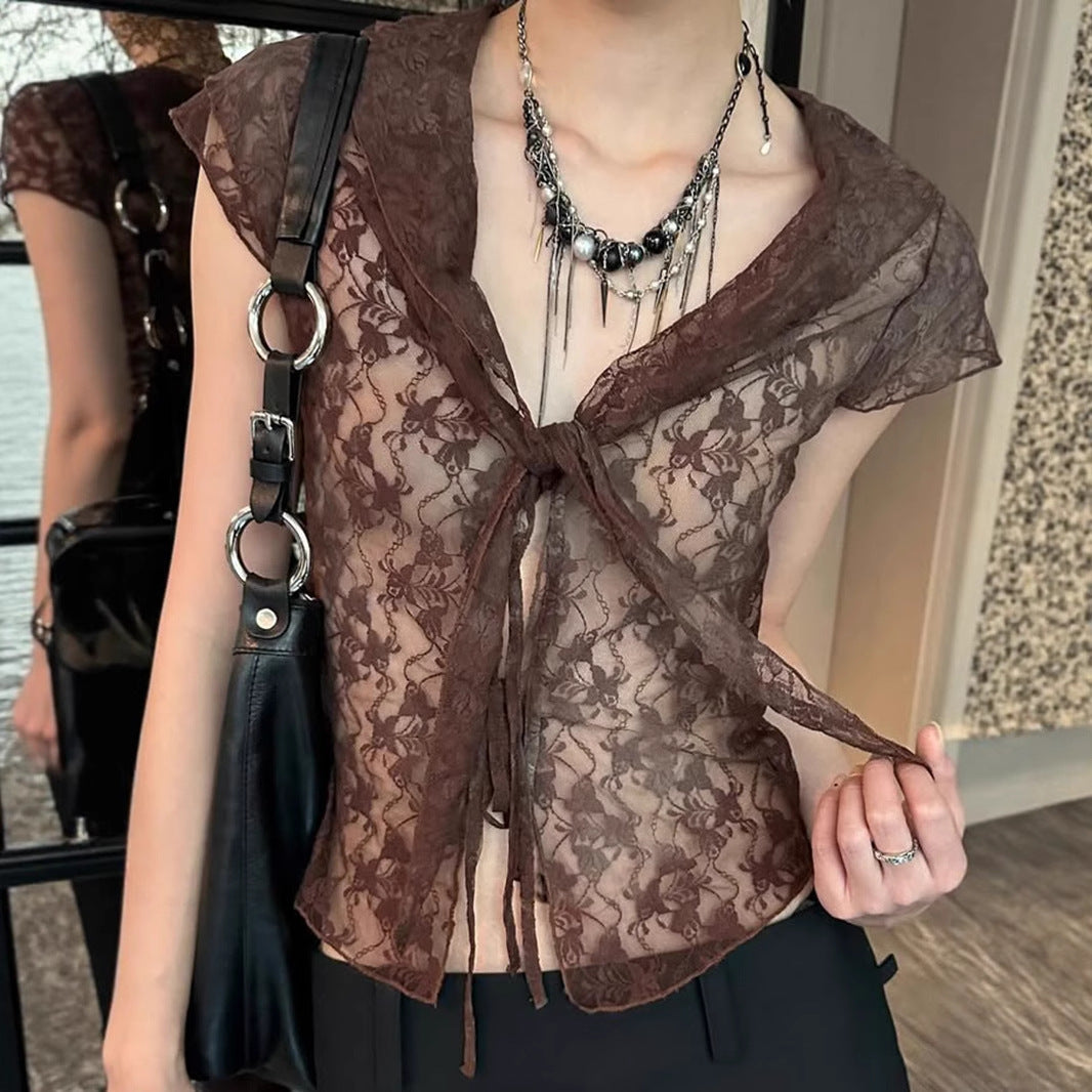 Lace Collar Mesh Top - Sweet & Sexy Tie-Front Crop Tee | Free Shipping| Crypto Payments