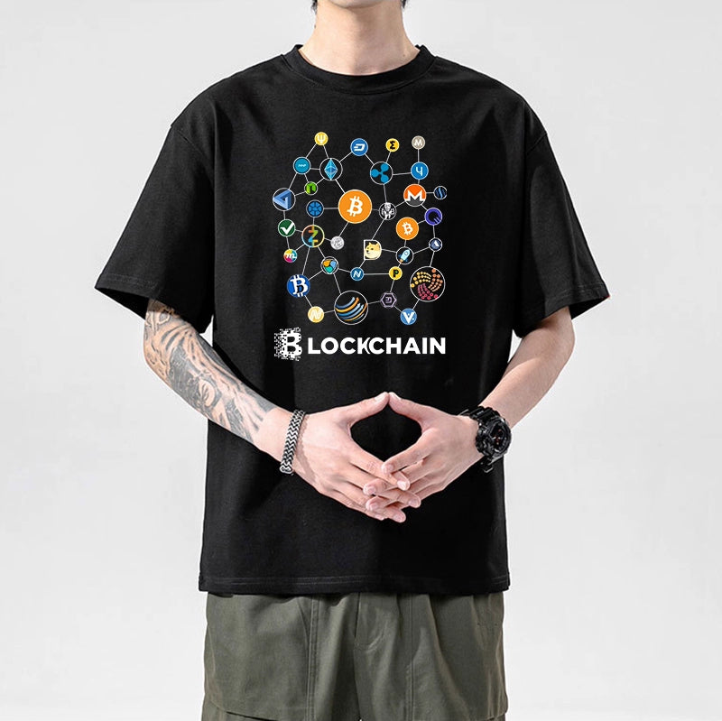 Men’s Crypto T-Shirt | 100% Cotton Blockchain Tee with Bitcoin, Ethereum, Dogecoin Prints | XS–2XL | Free Global Shipping