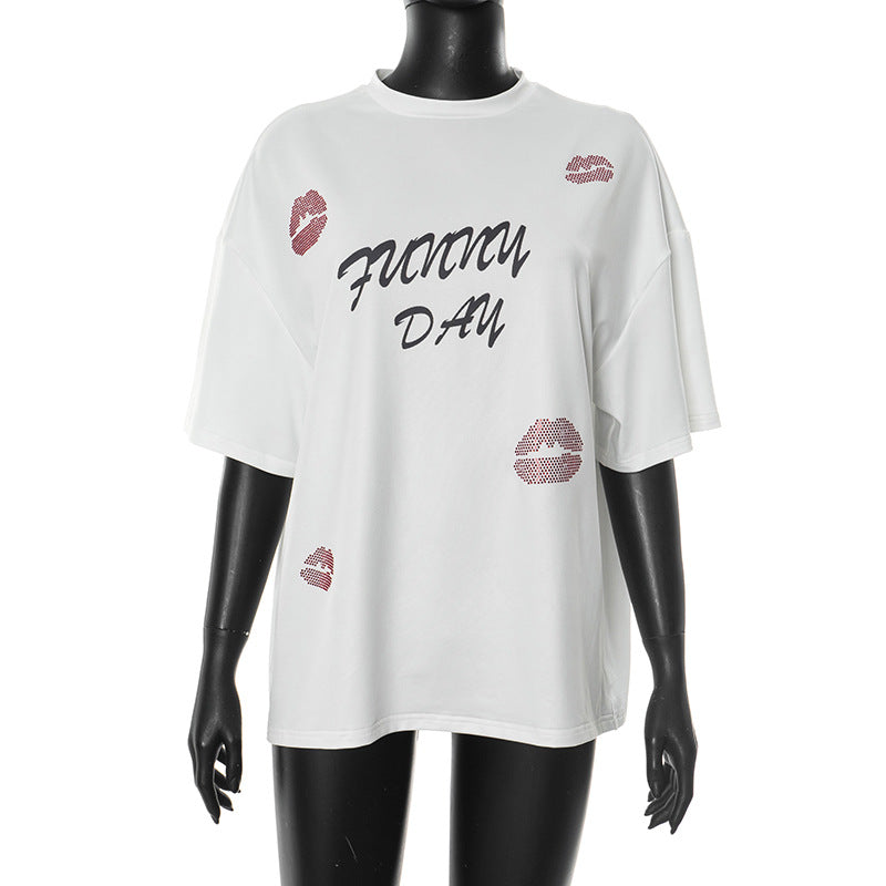 Lip Print Rhinestone Top - Oversized Statement Blouse | Free Shipping