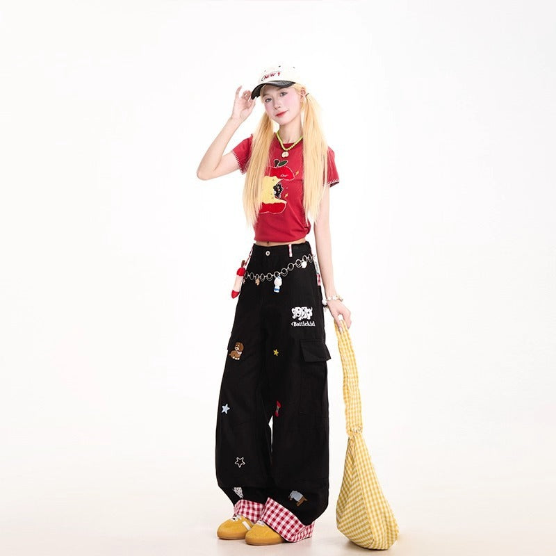 Dog Embroidery Wide-Leg Cargo Jeans – Women’s Vintage Streetwear | Loose Slimming Fit | Free Shipping | Crypto Accepted