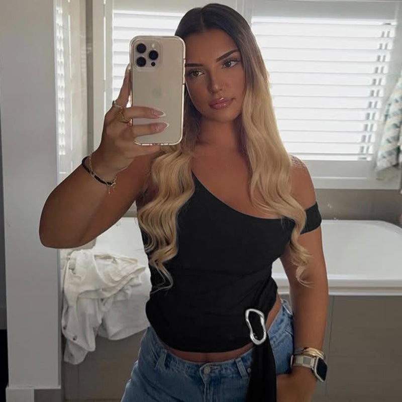Black Asymmetric Cami Top - Off-Shoulder Streetwear Look with Waist Tie| Free Shipping|Crypto Payments
