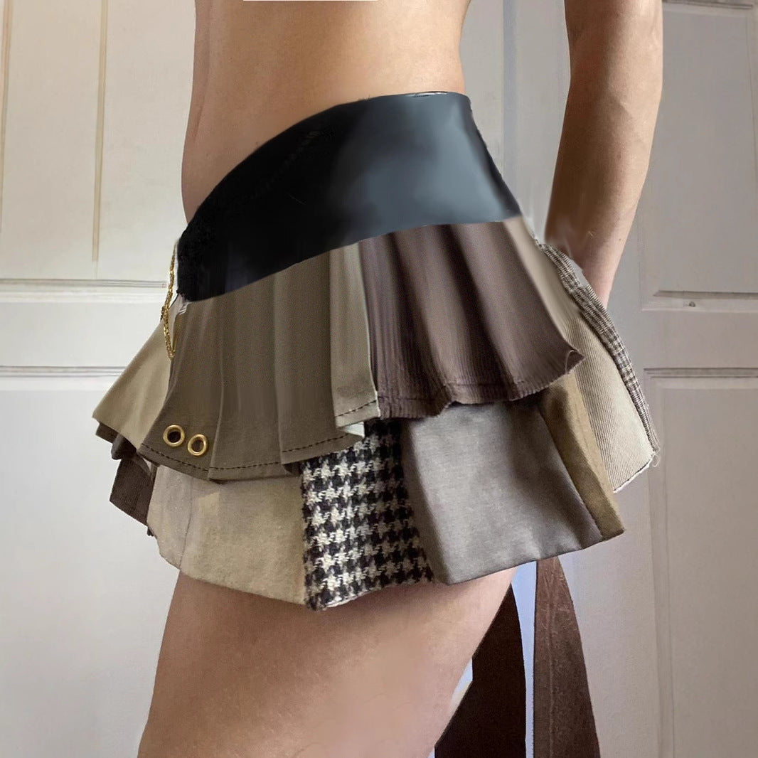 Leather-Panel Pleated Skirt - Edgy Asymmetrical Biker Mini | Crypto Payments