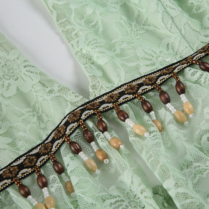Beaded Lace Blouse - Mint Green Tie-Front Top | Free Shipping |Crypto Payments