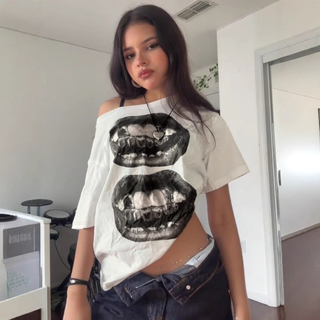 Lips Print Street Tee - Off-Shoulder Oversized Shirt | Free Shipping|Crypto Payments