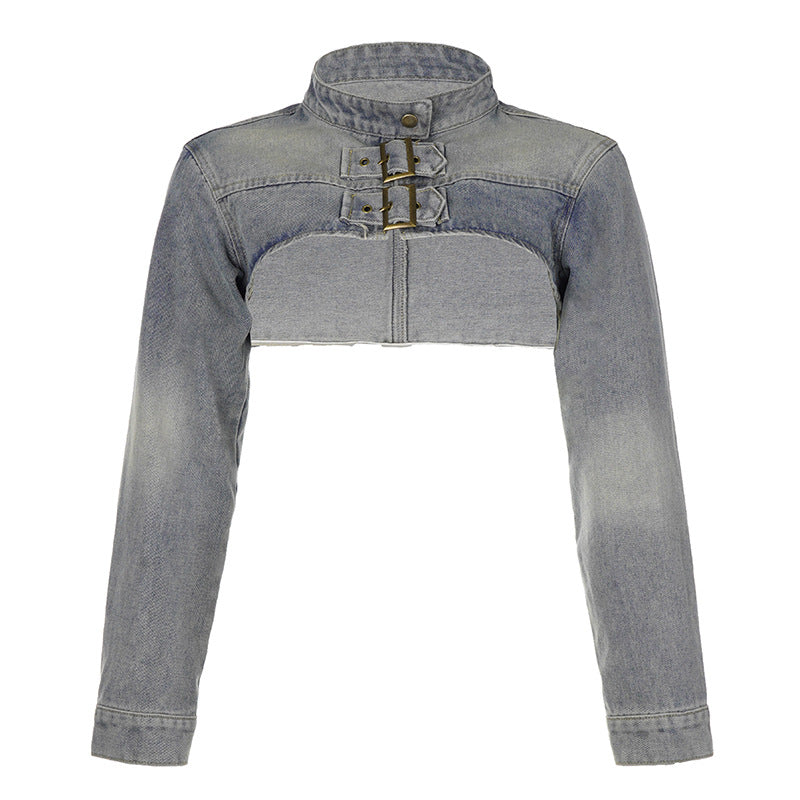 Streetwear Cropped Denim Vest - Distressed Stand Collar Outerwear| Free Shipping|Crypto Payments
