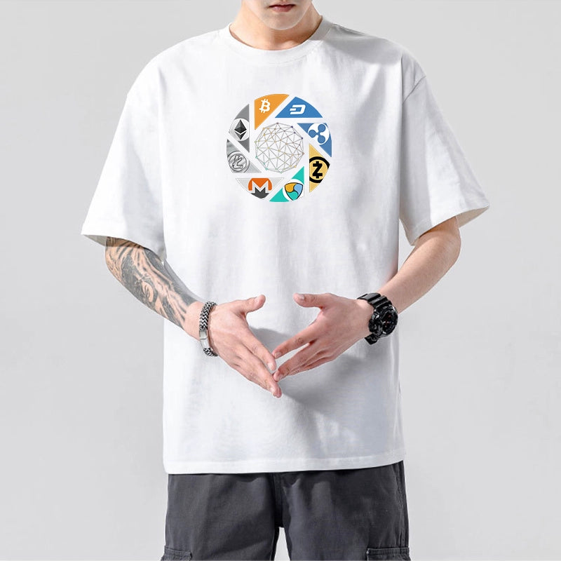 Men’s Crypto T-Shirt | 100% Cotton Blockchain Tee with Bitcoin, Ethereum, Dogecoin Prints | XS–2XL | Free Global Shipping