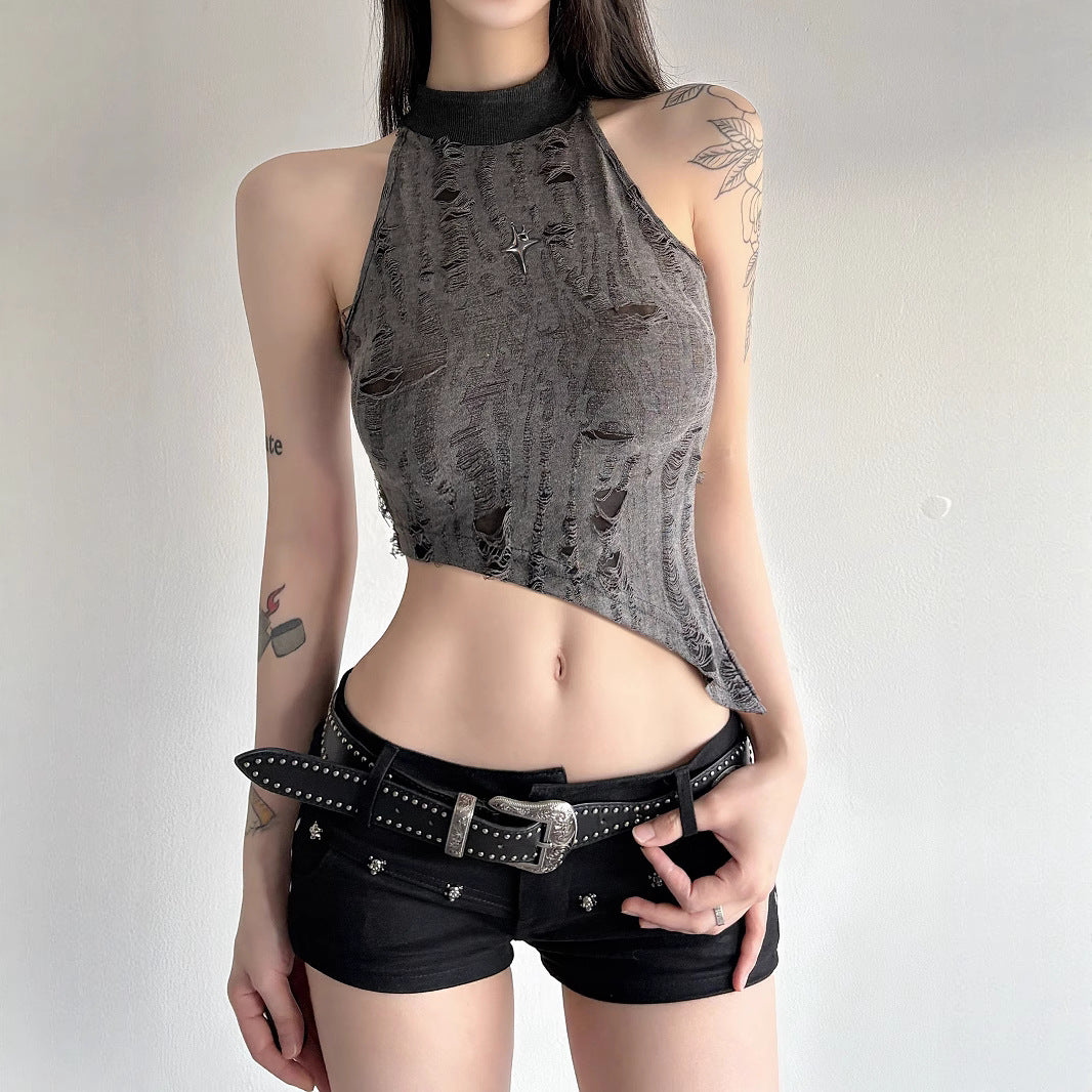 Cropped com gola alta e efeito desgastado - Camisa feminina com barriga rasgada e estampa grunge streetwear 2025 | Frete grátis