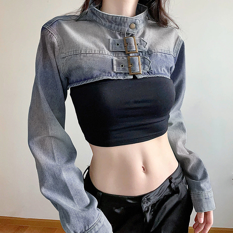 Streetwear Cropped Denim Vest - Distressed Stand Collar Outerwear| Free Shipping|Crypto Payments