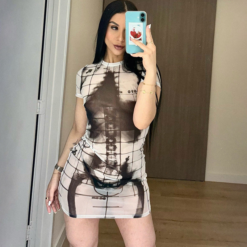 Black Mesh Bodycon Dress – Digital Print High Waist Sheer Street Style | Free Shipping | Crypto Pay