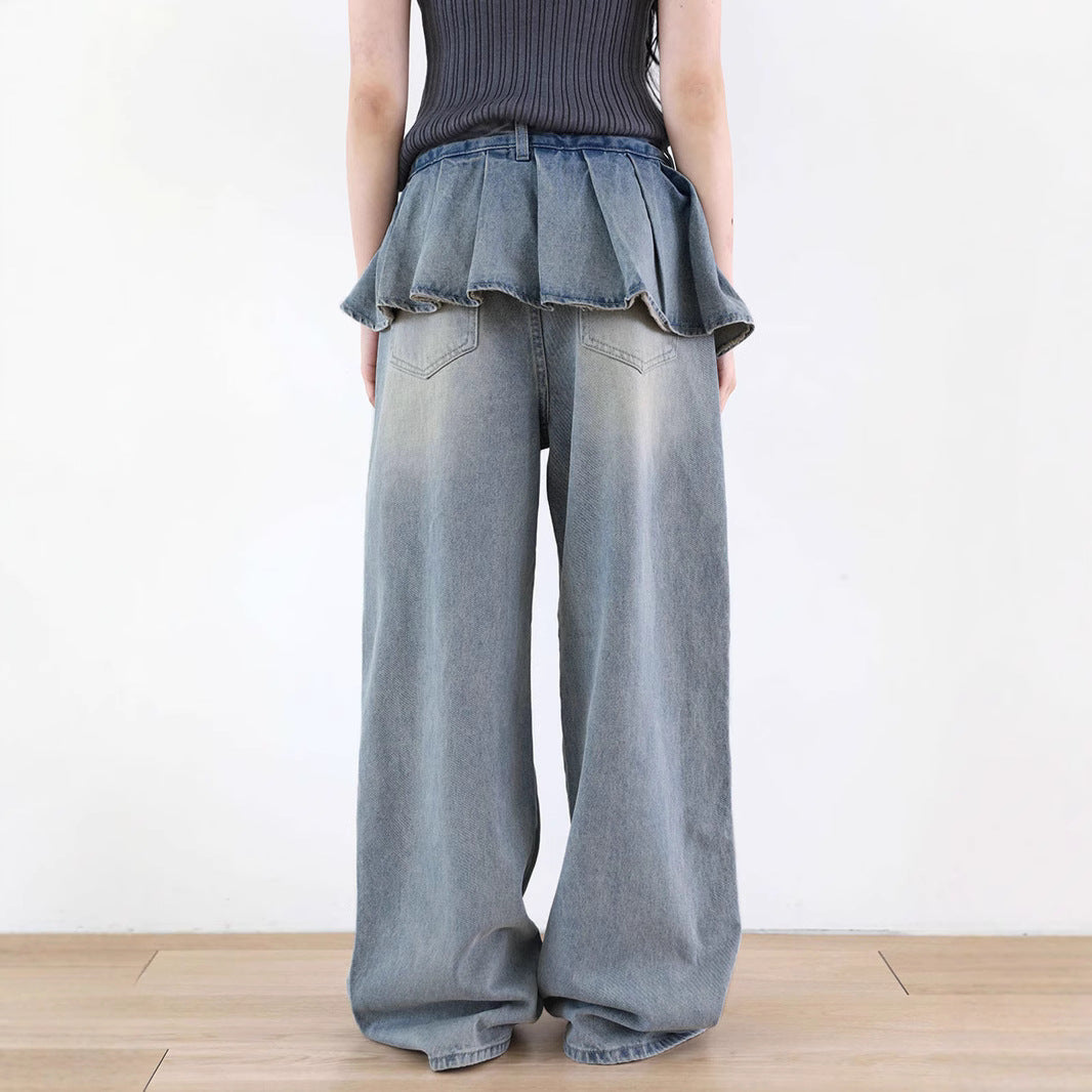 Y2K Fake Two-Piece Jeans - Wide-Leg Pleated Denim Pants | Free Shipping|Crypto Payments