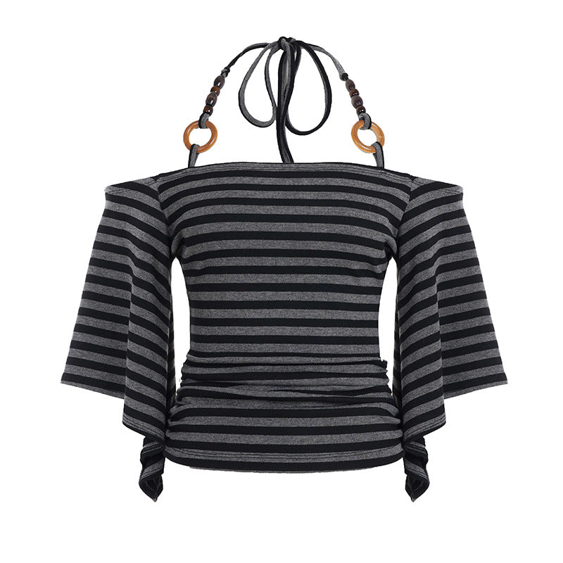 Retro Striped Off-Shoulder Top - Beaded Halter Neck Blouse| Crypto Payments