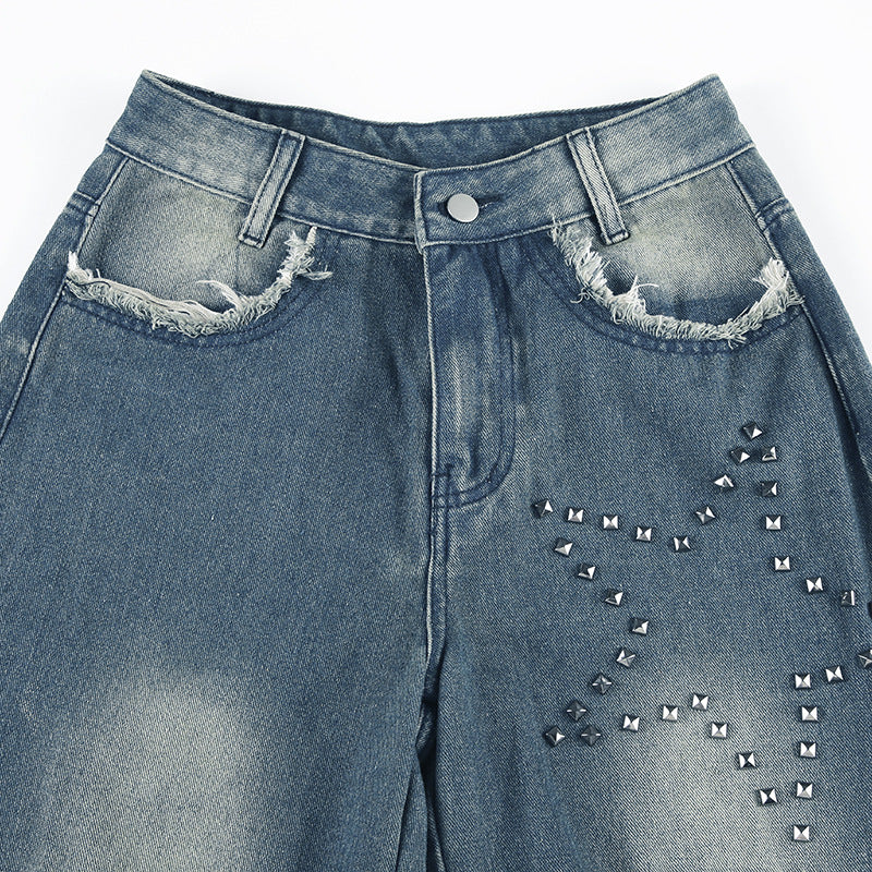 Distressed Flare Jeans - Star Studded Wide-Leg Pants |Crypto Payments