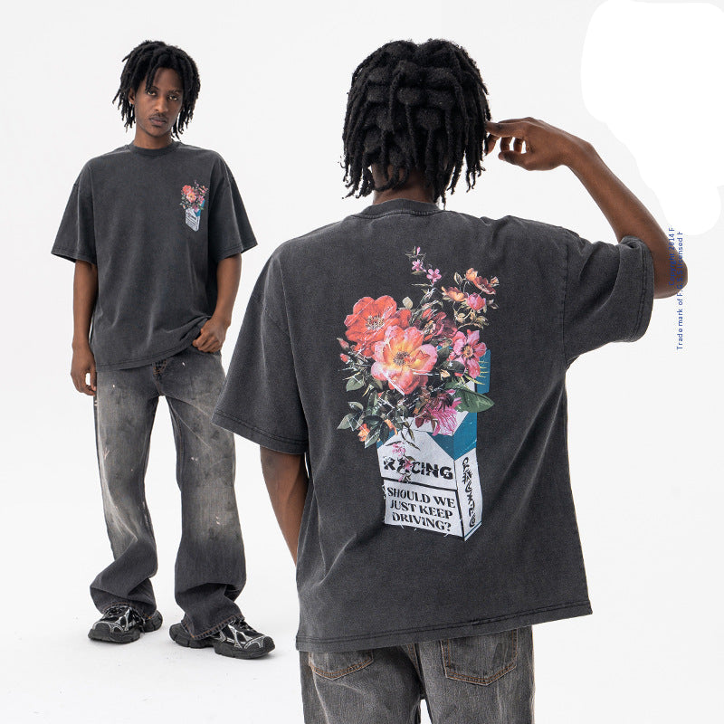 Vintage Floral Letter Graphic Tee - Distressed Oversized Streetwear T-Shirt