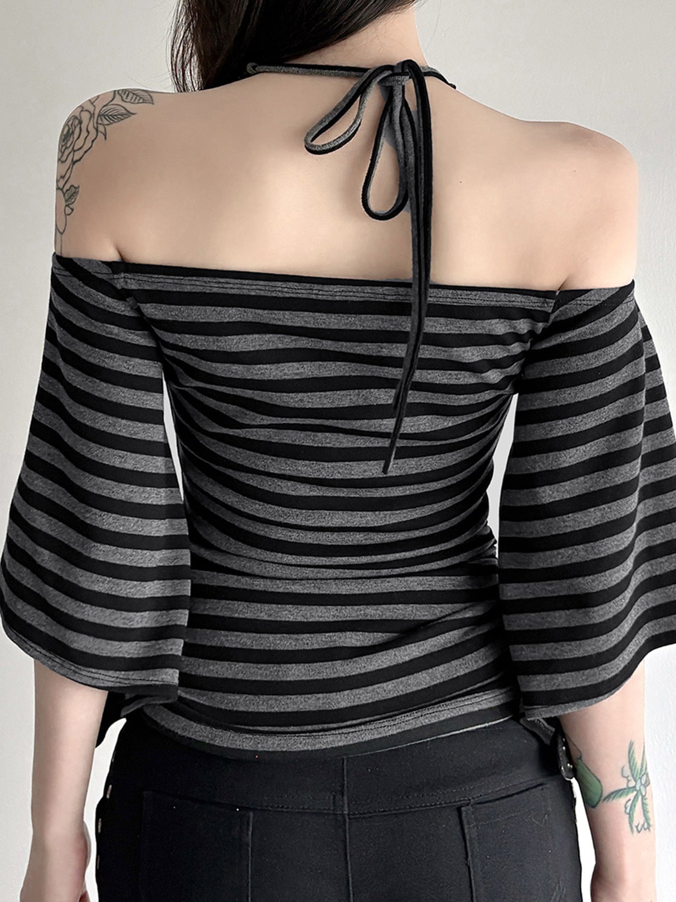 Retro Striped Off-Shoulder Top - Beaded Halter Neck Blouse| Crypto Payments