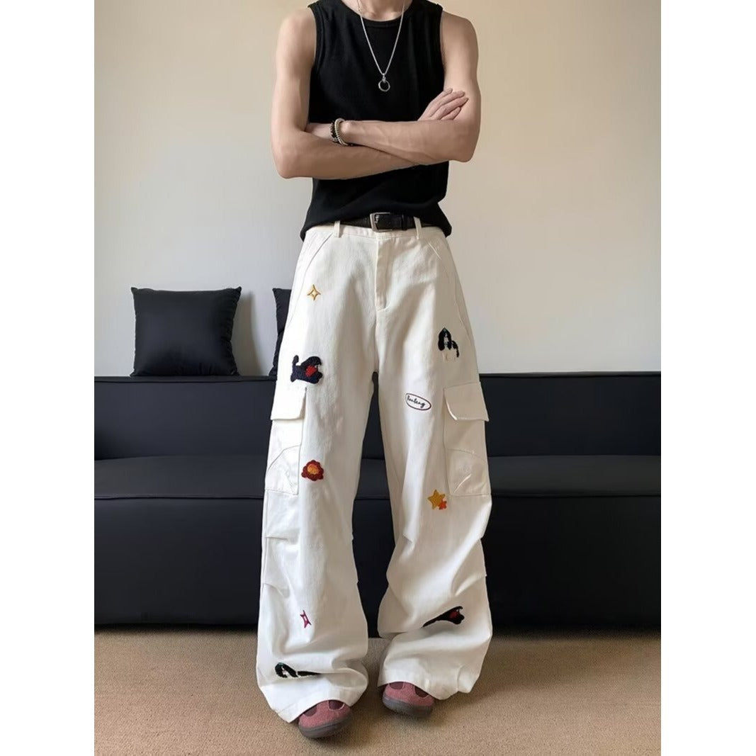 White Embroidered Workwear Jeans – Unisex Retro Streetwear | Loose Straight-Leg Fit | Free Shipping | Crypto Accepted