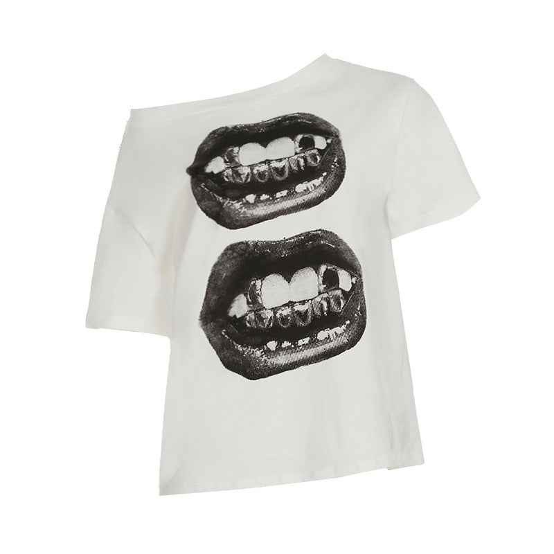 Lips Print Street Tee - Off-Shoulder Oversized Shirt | Free Shipping|Crypto Payments