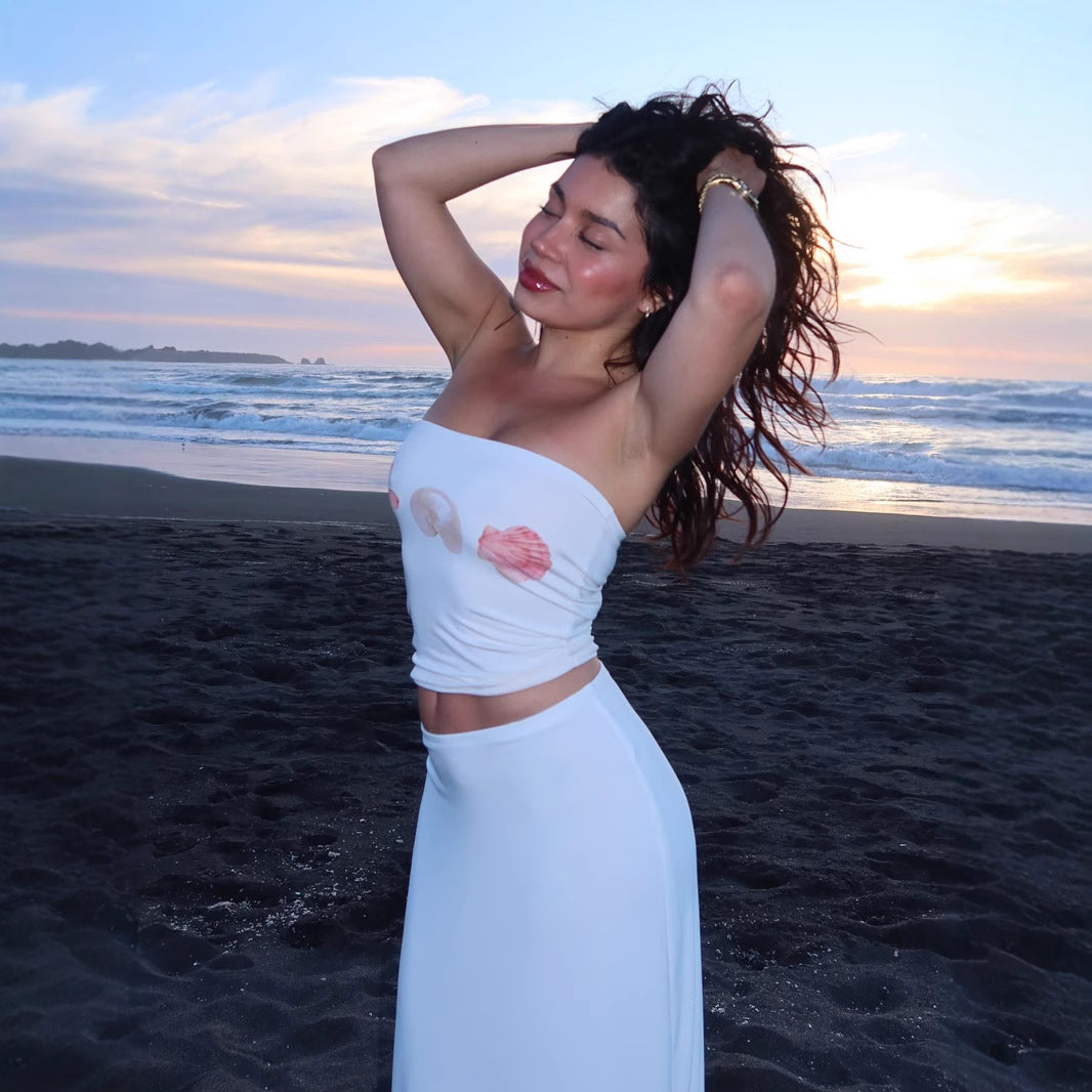 Shell Print Bustier - Off-Shoulder Crop Top | Free Shipping|Crypto Payments
