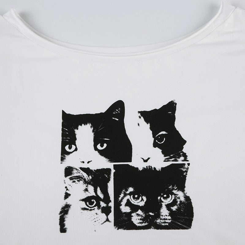 Y2K Cat T-Shirt - Wide Neck Casual Top |Free Shipping |Crypto Payments